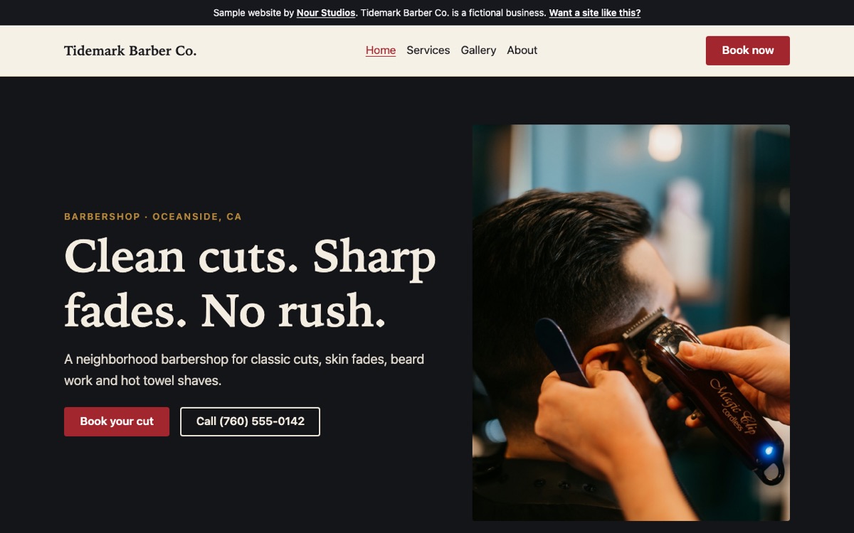 Tidemark Barber Co. home page: headline 'Clean cuts. Sharp fades. No rush.' beside a photo of a barber fading a client's hair